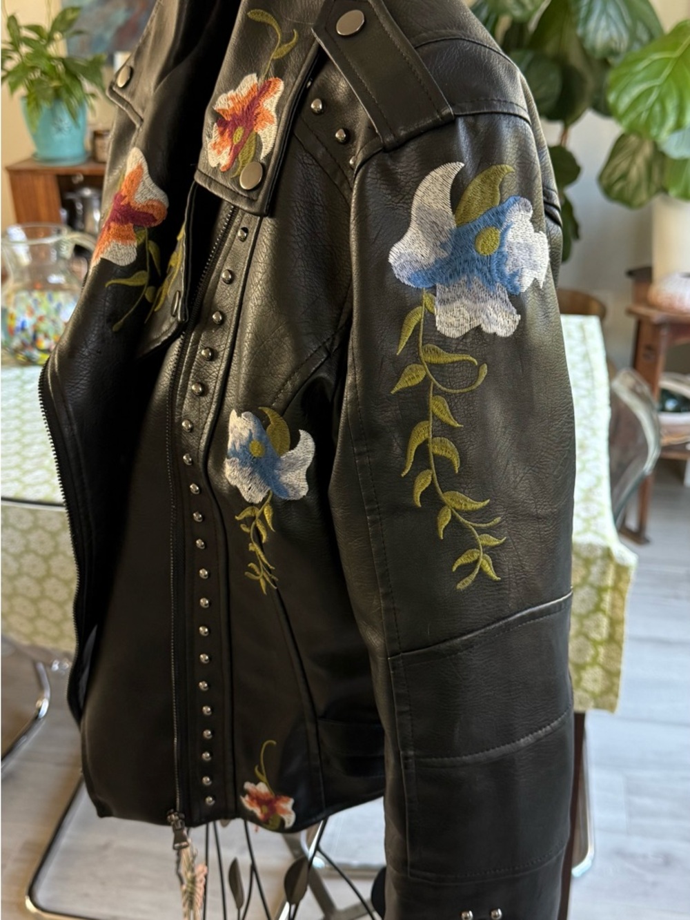 Women's Black Embroidered Faux Leather Moto Jacket - Picture 8 of 14